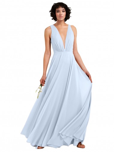 Bleu ciel clair Trapèze Col V Mousseline Longue Robes demoiselle d'honneur à Vendre