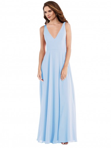 Bleu ciel clair Trapèze Col V Mousseline Longue Robes demoiselle d'honneur à Vendre