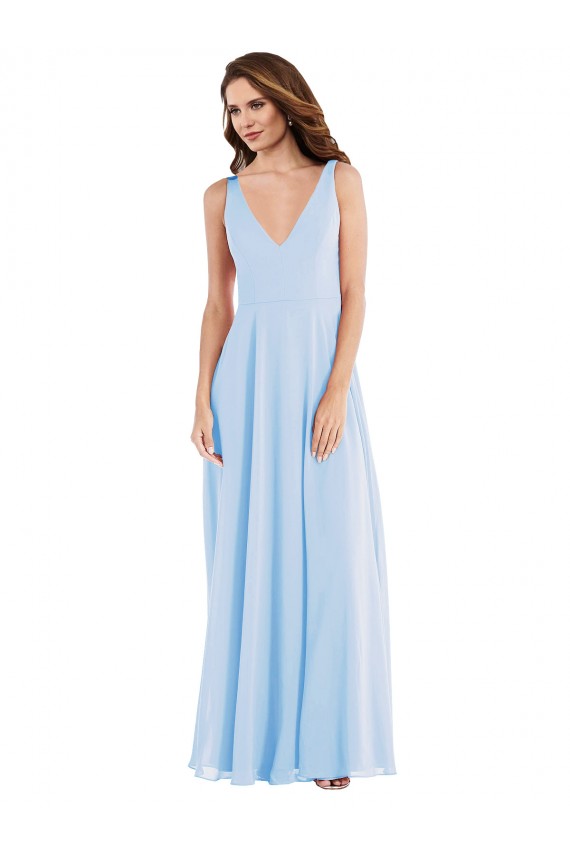 Bleu ciel clair Trapèze Col V Mousseline Longue Robes demoiselle d'honneur à Vendre