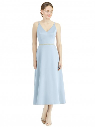 Bleu ciel clair Trapèze Col V Satiné Longue Robes demoiselle d'honneur à Vendre