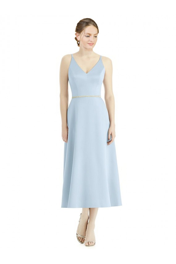 Bleu ciel clair Trapèze Col V Satiné Longue Robes demoiselle d'honneur à Vendre