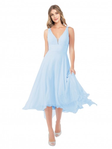 Bleu ciel clair Trapèze Col V midi Mousseline Courte Robes demoiselle d'honneur / Robes de cocktail à Vendre