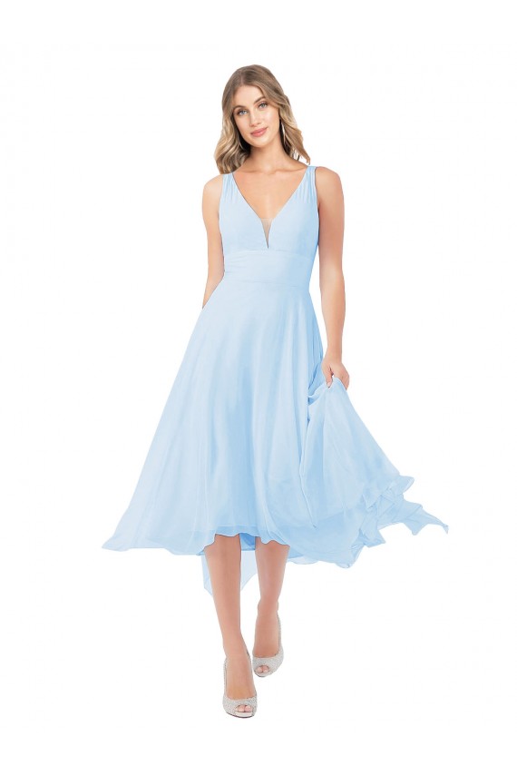 Bleu ciel clair Trapèze Col V midi Mousseline Courte Robes demoiselle d'honneur / Robes de cocktail à Vendre