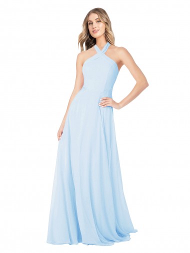 Bleu ciel clair Trapèze Licou Col Haut Mousseline Longue Robes demoiselle d'honneur à Vendre