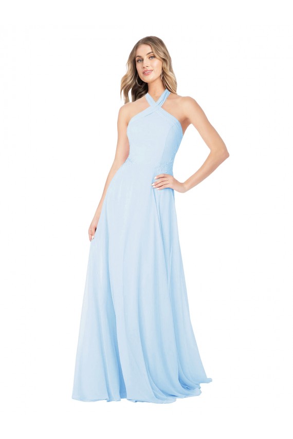 Bleu ciel clair Trapèze Licou Col Haut Mousseline Longue Robes demoiselle d'honneur à Vendre