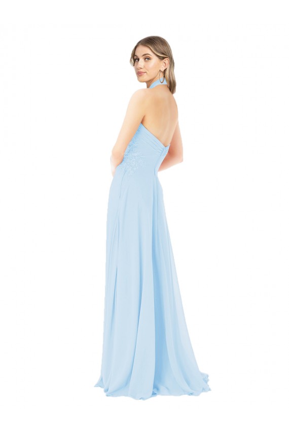 Bleu ciel clair Trapèze Licou Col Haut Mousseline Longue Robes demoiselle d'honneur à Vendre
