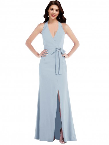 Bleu ciel clair Trapèze Licou Col V Crêpe Stretch Longue Formelles Robes demoiselle d'honneur / Robes de soirée / Robes de bal à Vendre