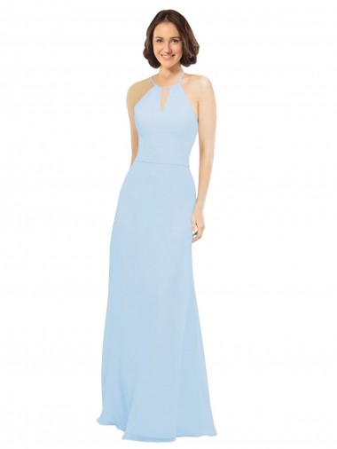 Bleu ciel clair Trapèze Licou Mousseline Longue Robes demoiselle d'honneur à Vendre