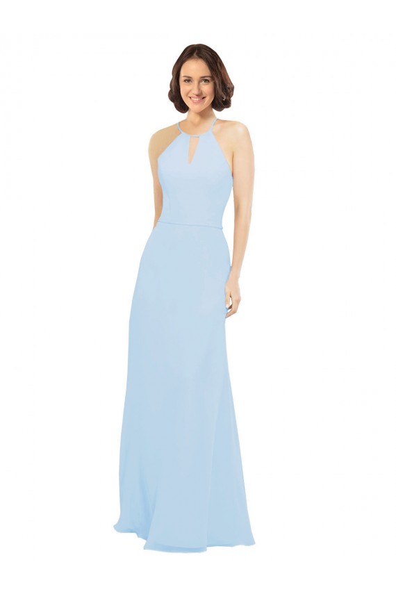 Bleu ciel clair Trapèze Licou Mousseline Longue Robes demoiselle d'honneur à Vendre
