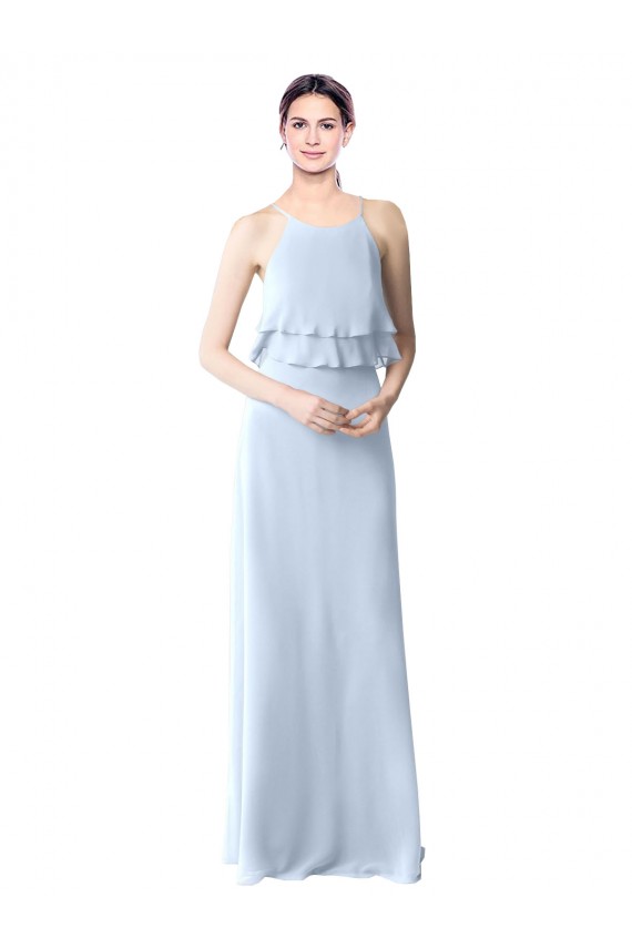 Bleu ciel clair Trapèze Licou Mousseline Longue Robes demoiselle d'honneur à Vendre