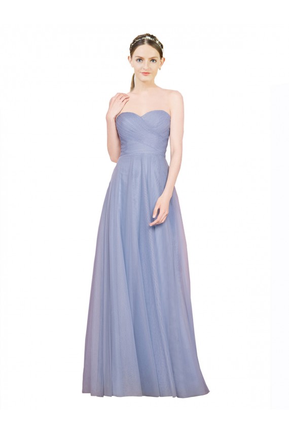 Bleu ciel clair Trapèze Sans bretelle Tulle Longue Robes demoiselle d'honneur à Vendre