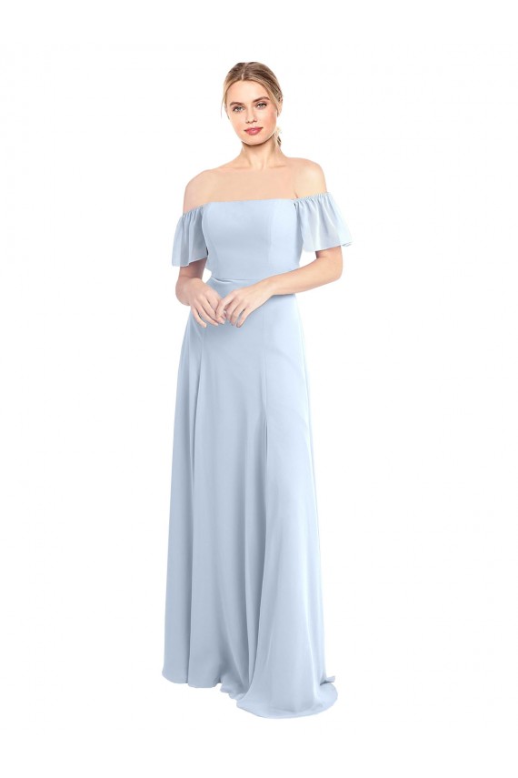 Bleu ciel clair Trapèze Épaule Dénudée Col Carré Mousseline Longue Robes demoiselle d'honneur à Vendre