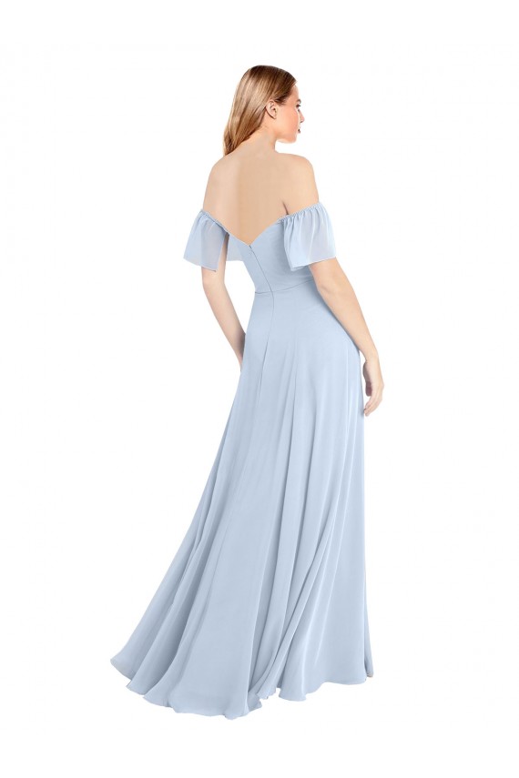 Bleu ciel clair Trapèze Épaule Dénudée Col Carré Mousseline Longue Robes demoiselle d'honneur à Vendre
