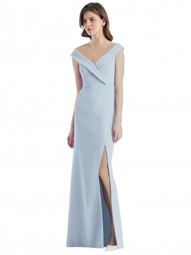 Bleu ciel clair Trapèze Épaule Dénudée Col V Crêpe Stretch Longue Robes demoiselle d'honneur à Vendre