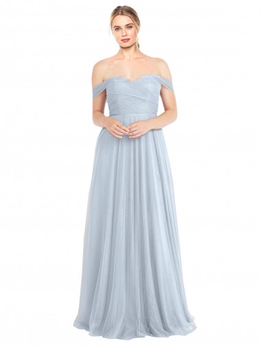Bleu ciel clair Trapèze Épaule Dénudée Tulle Longue Robes demoiselle d'honneur à Vendre