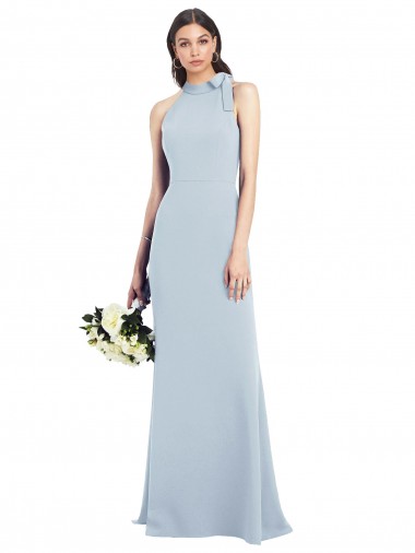 Bleu ciel clair Trompette Col Bateau Col Haut Licou Crêpe Stretch Longue Robes demoiselle d'honneur / Robes de bal à Vendre