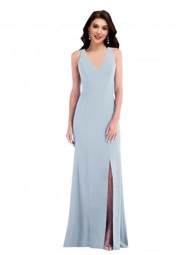 Bleu ciel clair Trompette Col V Crêpe Stretch Longue Robes demoiselle d'honneur / Robes de bal à Vendre