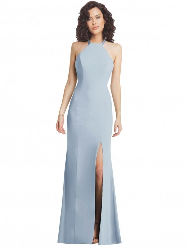 Bleu ciel clair Trompette Licou Col Haut Crêpe Stretch Longue Formelles Robes demoiselle d'honneur / Robes de soirée / Robes de bal à Vendre