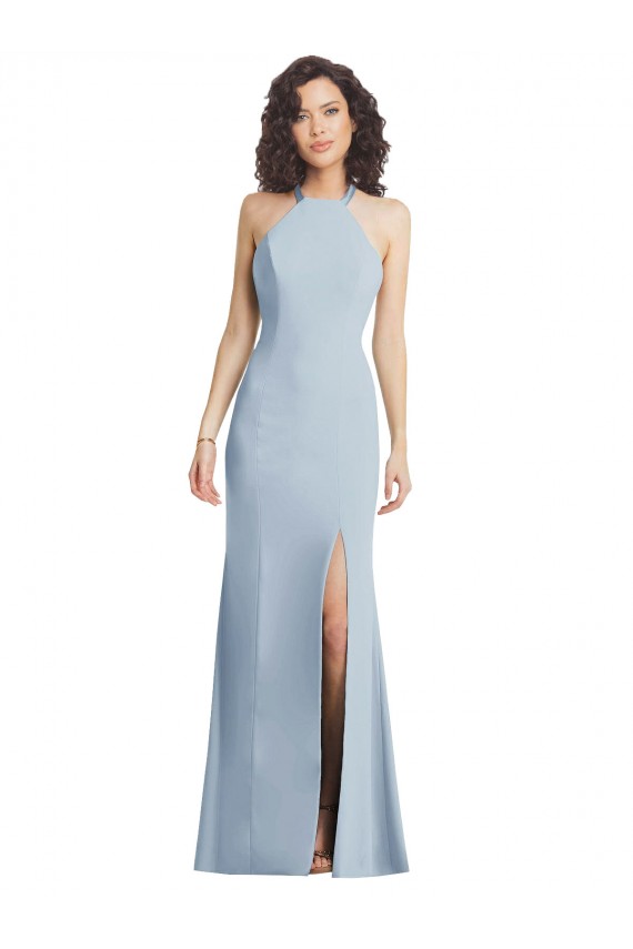 Bleu ciel clair Trompette Licou Col Haut Crêpe Stretch Longue Formelles Robes demoiselle d'honneur / Robes de soirée / Robes de bal à Vendre