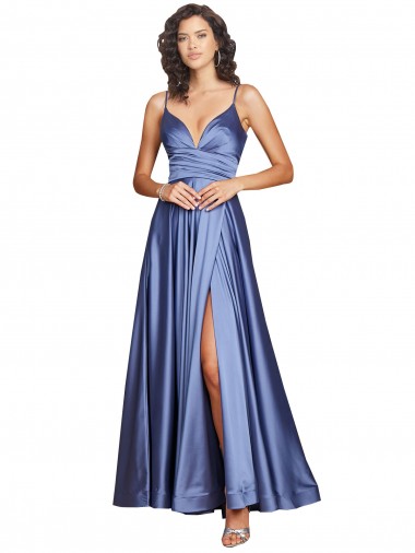 Bleu français Trapèze Bretelles spaghetti Satiné Soyeux Longue Formelles Robes demoiselle d'honneur / Robes de soirée / Robes de bal à Vendre