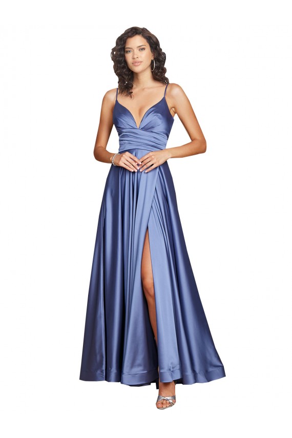 Bleu français Trapèze Bretelles spaghetti Satiné Soyeux Longue Formelles Robes demoiselle d'honneur / Robes de soirée / Robes de bal à Vendre