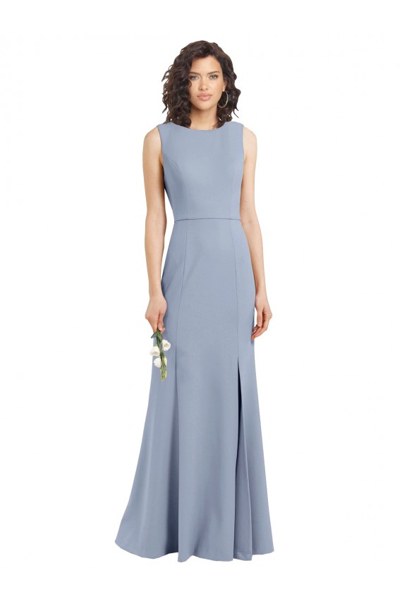 Bleu fumée Fourreau Col Bateau Col Haut Crêpe Stretch Longue Robes demoiselle d'honneur à Vendre