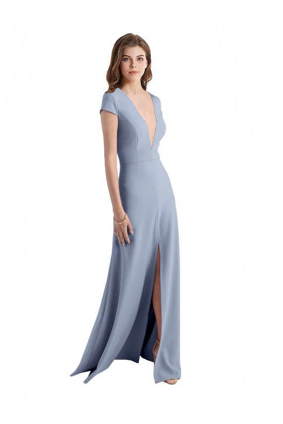 Bleu fumée Fourreau Col V Crêpe Stretch Longue Robes demoiselle d'honneur / Robes de bal à Vendre