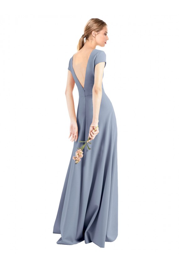 Bleu fumée Fourreau Col V Crêpe Stretch Longue Robes demoiselle d'honneur / Robes de bal à Vendre