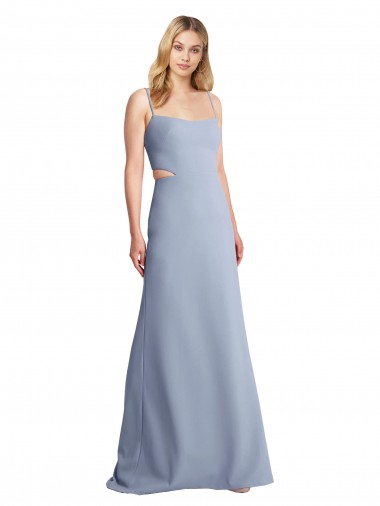 Bleu fumée Trapèze Bretelles spaghetti Scoop Crêpe Stretch Longue Robes demoiselle d'honneur / Robes de bal à Vendre