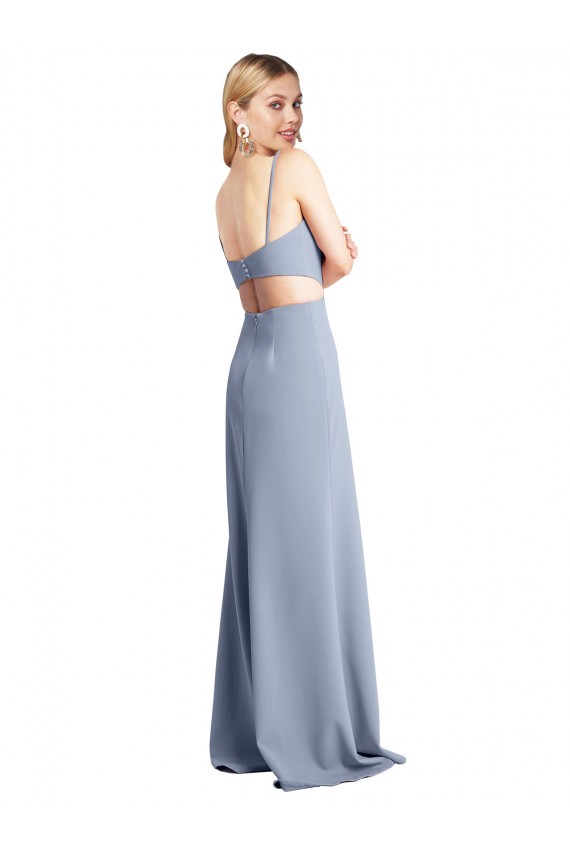 Bleu fumée Trapèze Bretelles spaghetti Scoop Crêpe Stretch Longue Robes demoiselle d'honneur / Robes de bal à Vendre