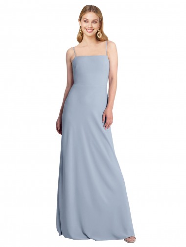 Bleu fumée Trapèze Col Carré Crêpe Stretch Longue Robes demoiselle d'honneur / Robes de bal à Vendre