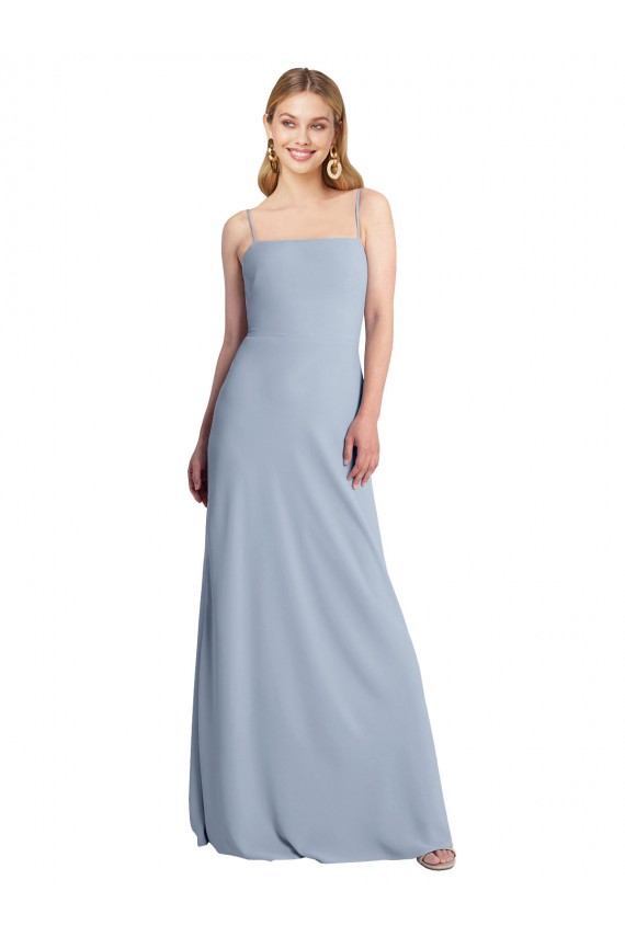 Bleu fumée Trapèze Col Carré Crêpe Stretch Longue Robes demoiselle d'honneur / Robes de bal à Vendre