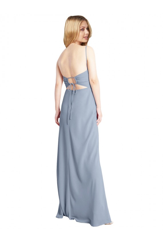 Bleu fumée Trapèze Col Carré Crêpe Stretch Longue Robes demoiselle d'honneur / Robes de bal à Vendre
