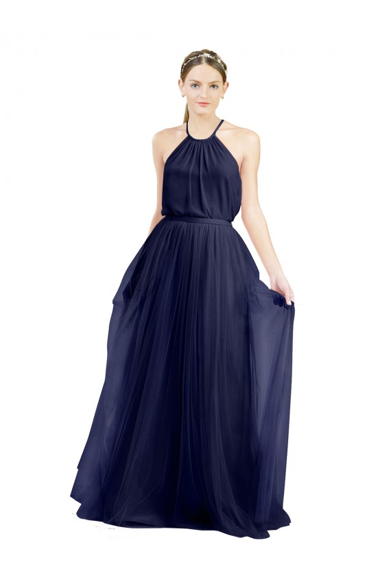 Bleu marine 21 Trapèze Licou Col Haut Tulle Longue Robes demoiselle d'honneur à Vendre