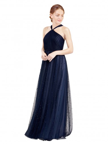Bleu marine 21 Trapèze Licou Tulle Longue Robes demoiselle d'honneur à Vendre