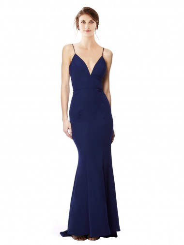 Bleu marine Sirène Bretelles spaghetti Col V Crêpe Stretch Longue Formelles Robes demoiselle d'honneur / Robes de soirée / Robes de bal à Vendre