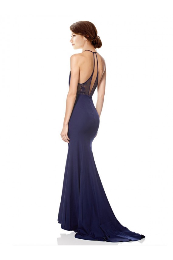 Bleu marine Sirène Licou Col Haut Crêpe Stretch Longue Formelles Robes demoiselle d'honneur / Robes de soirée / Robes de bal à Vendre