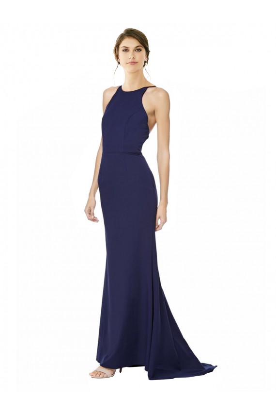 Bleu marine Sirène Licou Col Haut Crêpe Stretch Longue Formelles Robes demoiselle d'honneur / Robes de soirée / Robes de bal à Vendre