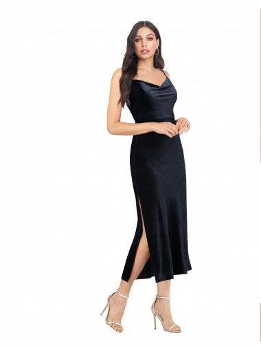 Bleu marine foncé Colonne midi Velours Stretch Courte Robes demoiselle d'honneur / Robes de soirée / Robes de cocktail à Vendre