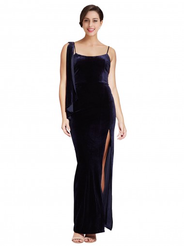 Bleu marine foncé Fourreau Bretelles spaghetti Col Carré Velours Stretch Longue Formelles Robes demoiselle d'honneur / Robes de soirée / Robes de bal à Vendre