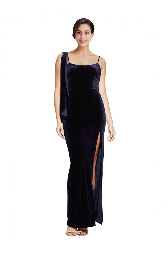 Bleu marine foncé Fourreau Bretelles spaghetti Col Carré Velours Stretch Longue Formelles Robes demoiselle d'honneur / Robes de soirée / Robes de bal à Vendre