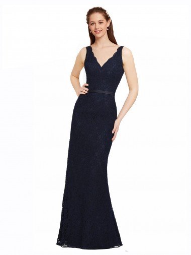 Bleu marine foncé Fourreau Col V Dentelle Longue Robes demoiselle d'honneur à Vendre