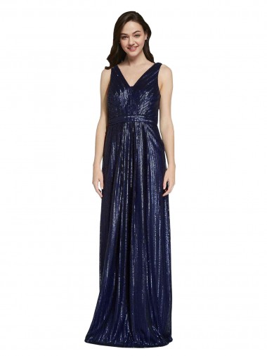 Bleu marine foncé Fourreau Col V Paillette Longue Formelles Robes demoiselle d'honneur / Robes de soirée / Robes de bal à Vendre