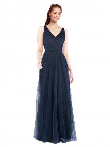 Bleu marine foncé Fourreau Col V Tulle Longue Robes demoiselle d'honneur à Vendre