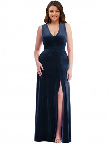 Bleu marine foncé Fourreau Col V Velours Stretch Longue Formelles Robes demoiselle d'honneur / Robes de soirée / Robes de bal à Vendre