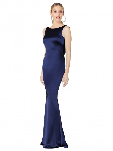 Bleu marine foncé Fourreau Licou Col Haut Satiné Stretch Longue Formelles Robes demoiselle d'honneur / Robes de soirée / Robes de bal à Vendre
