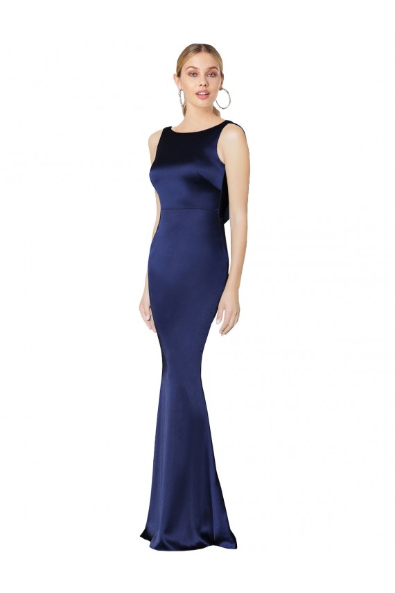 Bleu marine foncé Fourreau Licou Col Haut Satiné Stretch Longue Formelles Robes demoiselle d'honneur / Robes de soirée / Robes de bal à Vendre