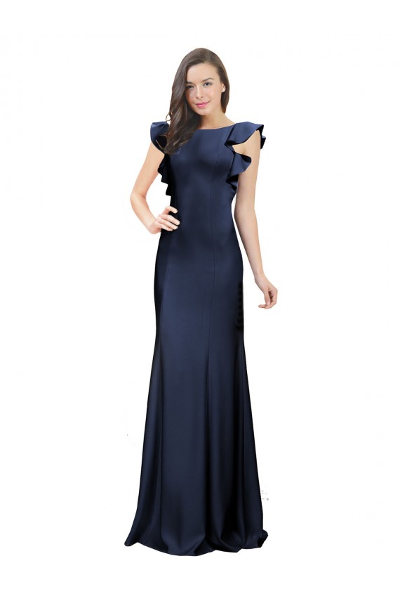 Bleu marine foncé Sirène Bateau Crêpe Stretch Longue Robes demoiselle d'honneur / Robes de bal à Vendre