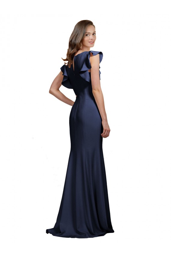 Bleu marine foncé Sirène Bateau Crêpe Stretch Longue Robes demoiselle d'honneur / Robes de bal à Vendre