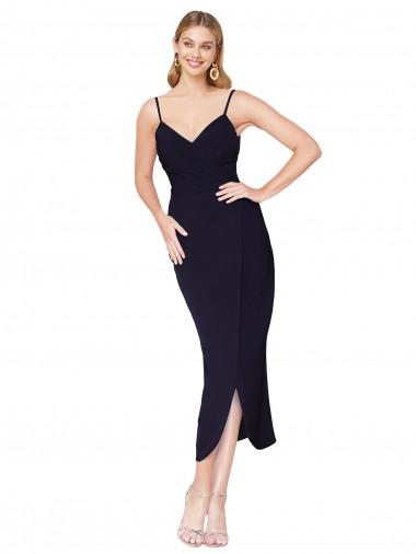 Bleu marine foncé Sirène Bretelles spaghetti Crêpe Stretch Courte Asymétrique Robes demoiselle d'honneur / Robes de soirée / Robes de cocktail à Vendre